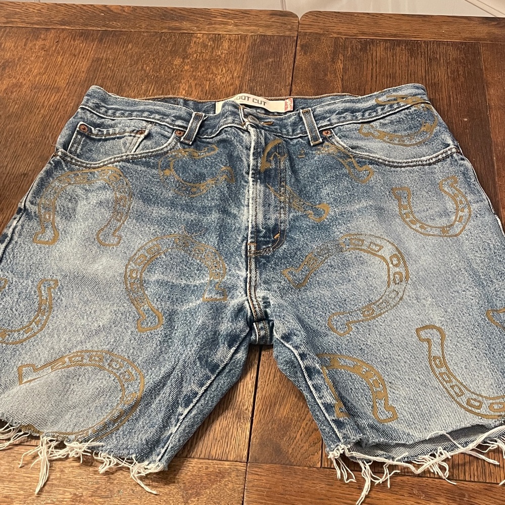 Levi's Blue Denim Shorts with Gold Horseshoe Print